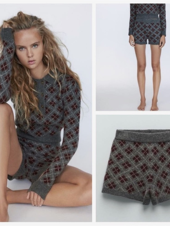 Zara Pants - Zara Gray Knit Burgundy Argyle Diamond Detail Wool Blend Shorts